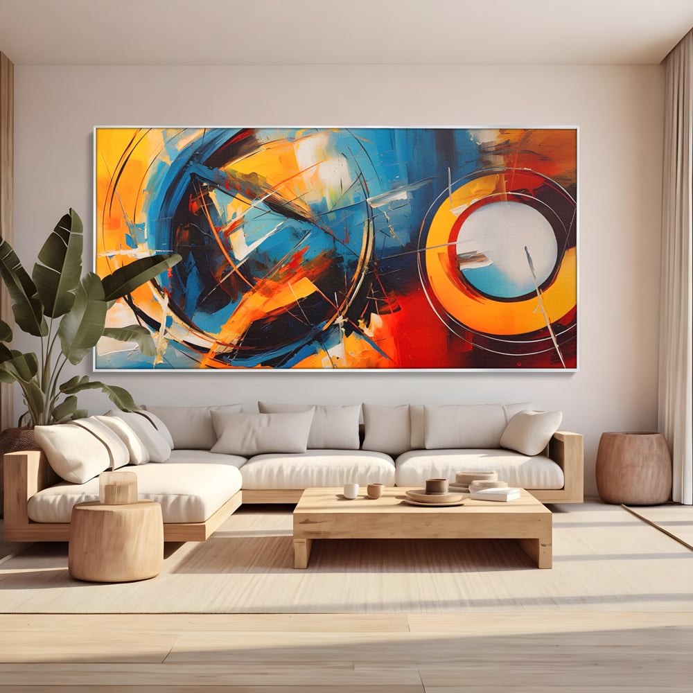 Tablou canvas cu pictura abstracta cu cercuri si linii, in rama de aluminiu argintiu, pe perete intr-un living